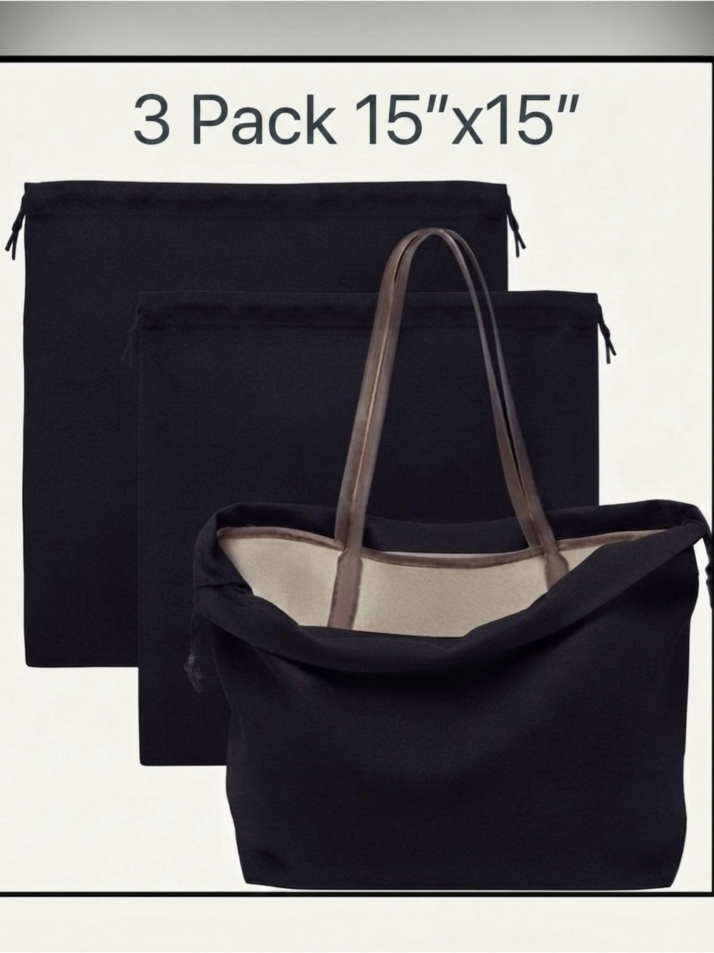 3 Dust Bags for Handbags and More! Black 15”x15”